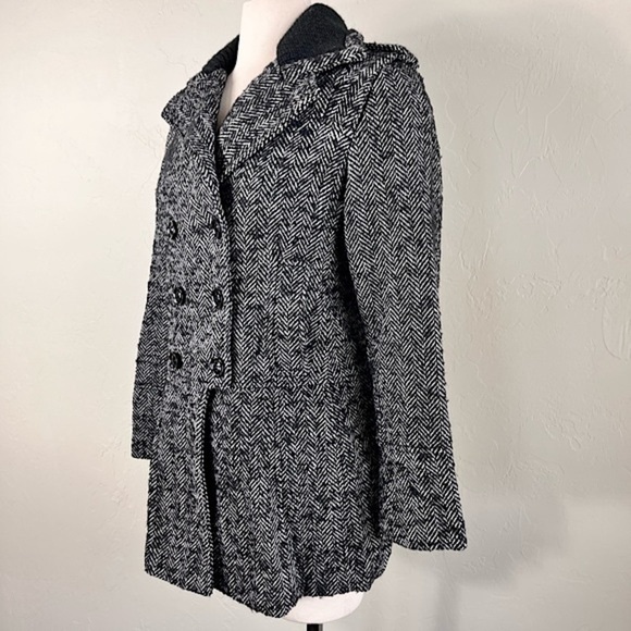 Guess Herringbone Wool Blend Pea Coat Black and White Size Large - Picture 4 of 9